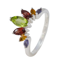 Eliza multicolor gemstone crown ring with various shaped colorful stones set on silver band