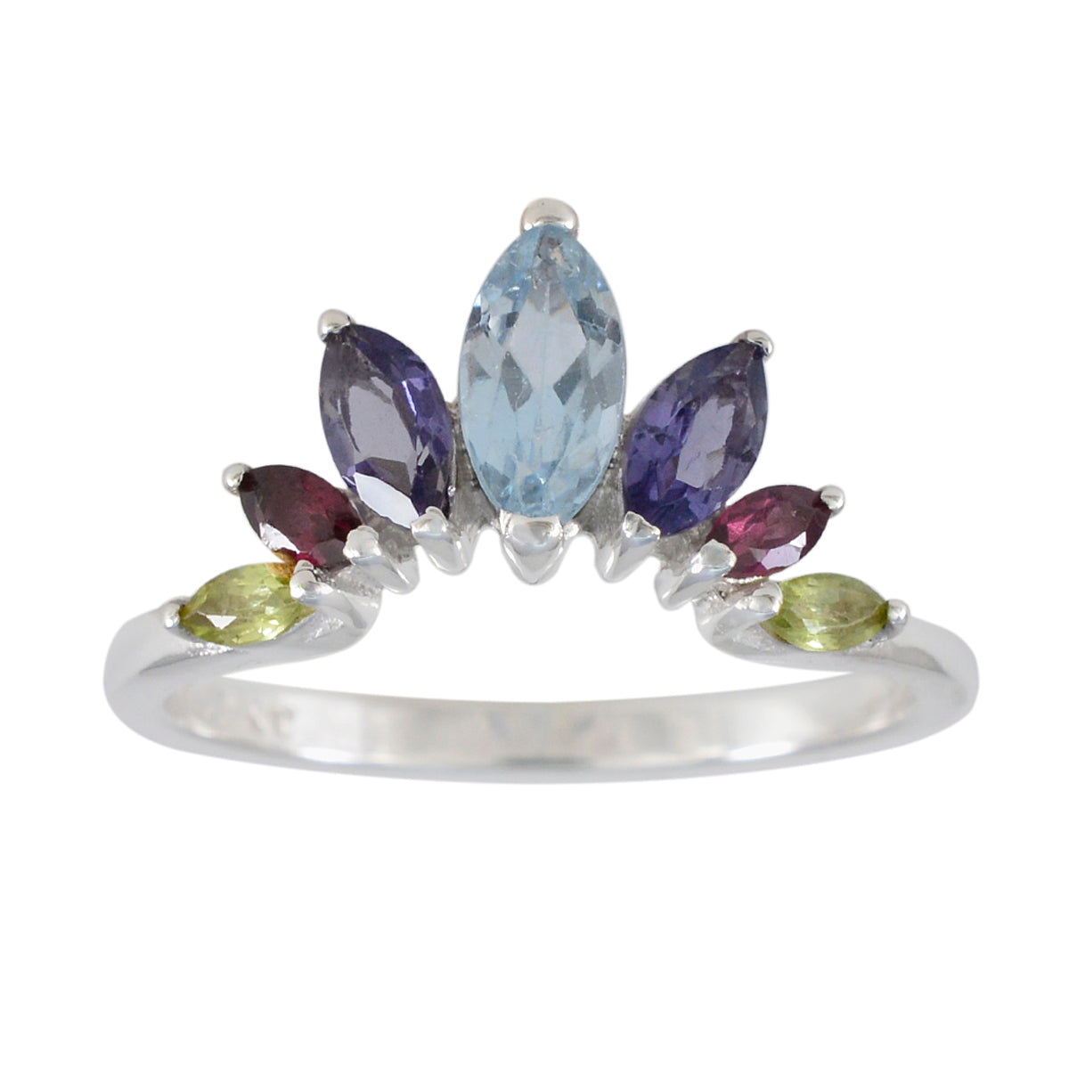 Ling multicolor gemstone hepta ring with seven marquise-cut colorful gemstones on silver band
