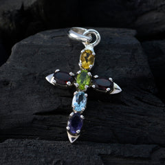 Laura Multicolor Gemstone Pendant Silver Cross Design