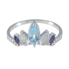 Dewi multicolor gemstone penta ring with marquise shaped blue and purple stones on silver band