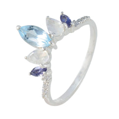 Dewi multicolor gemstone penta ring with blue, white, and purple stones on silver band