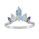 Dewi multicolor gemstone penta ring with marquise and pear-shaped blue and purple stones on silver band