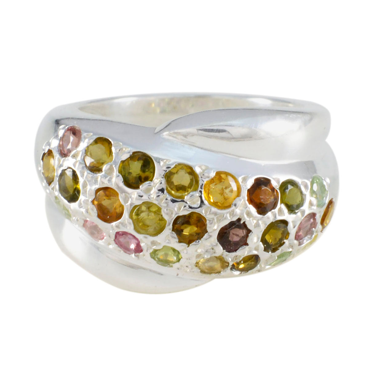 Sofia multicolor gemstone ring for women featuring various colored stones set in polished silver band