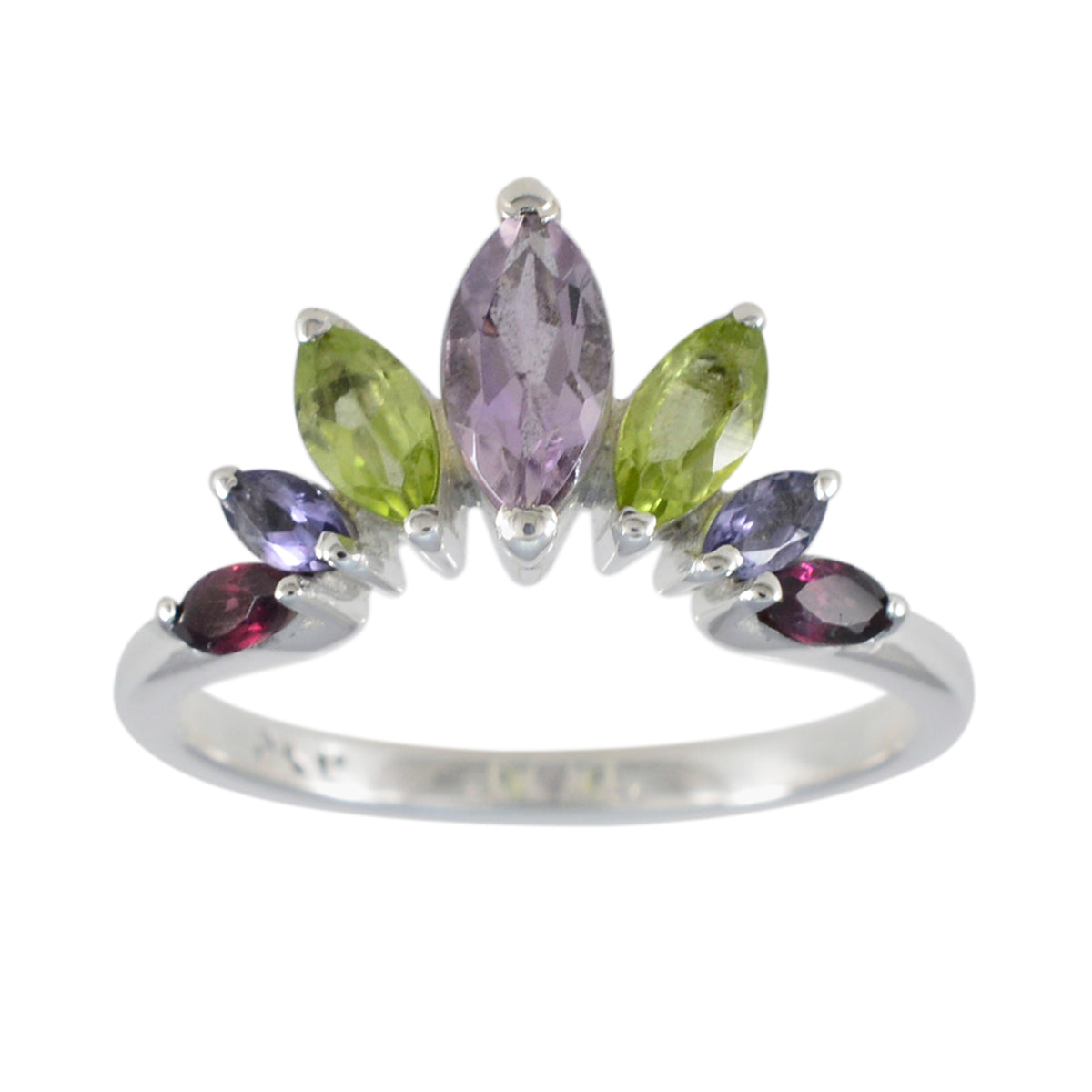 Elena multicolor gemstone ring with purple, green, and red marquise-cut stones set in silver band