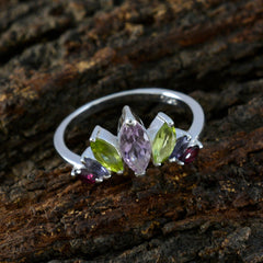 Elena multicolor gemstone ring with marquise shaped purple, green, and red stones on silver band