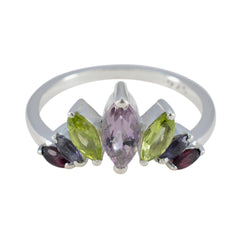 Elena multicolor gemstone ring with marquise shaped purple, green, and red stones set in silver band