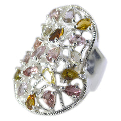 Victoria multicolor gemstone statement ring with pear-shaped stones set in silver filigree design