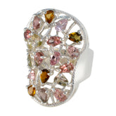 Victoria multicolor gemstone statement ring with pink, amber, and yellow stones in silver setting