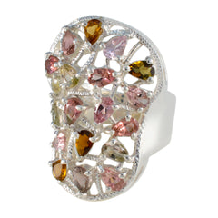 Victoria multicolor gemstone statement ring with pink, amber, and yellow stones in silver setting