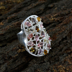 Victoria multicolor gemstone statement ring with pink, yellow, and clear stones set in silver