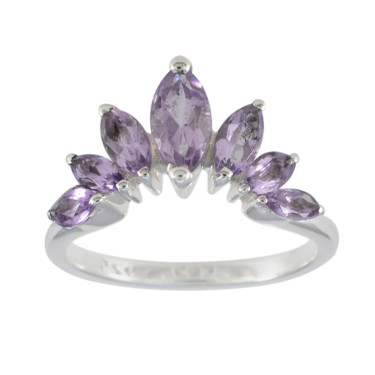 Araya purple gemstone crown ring with multiple marquise-cut purple gemstones set in silver band