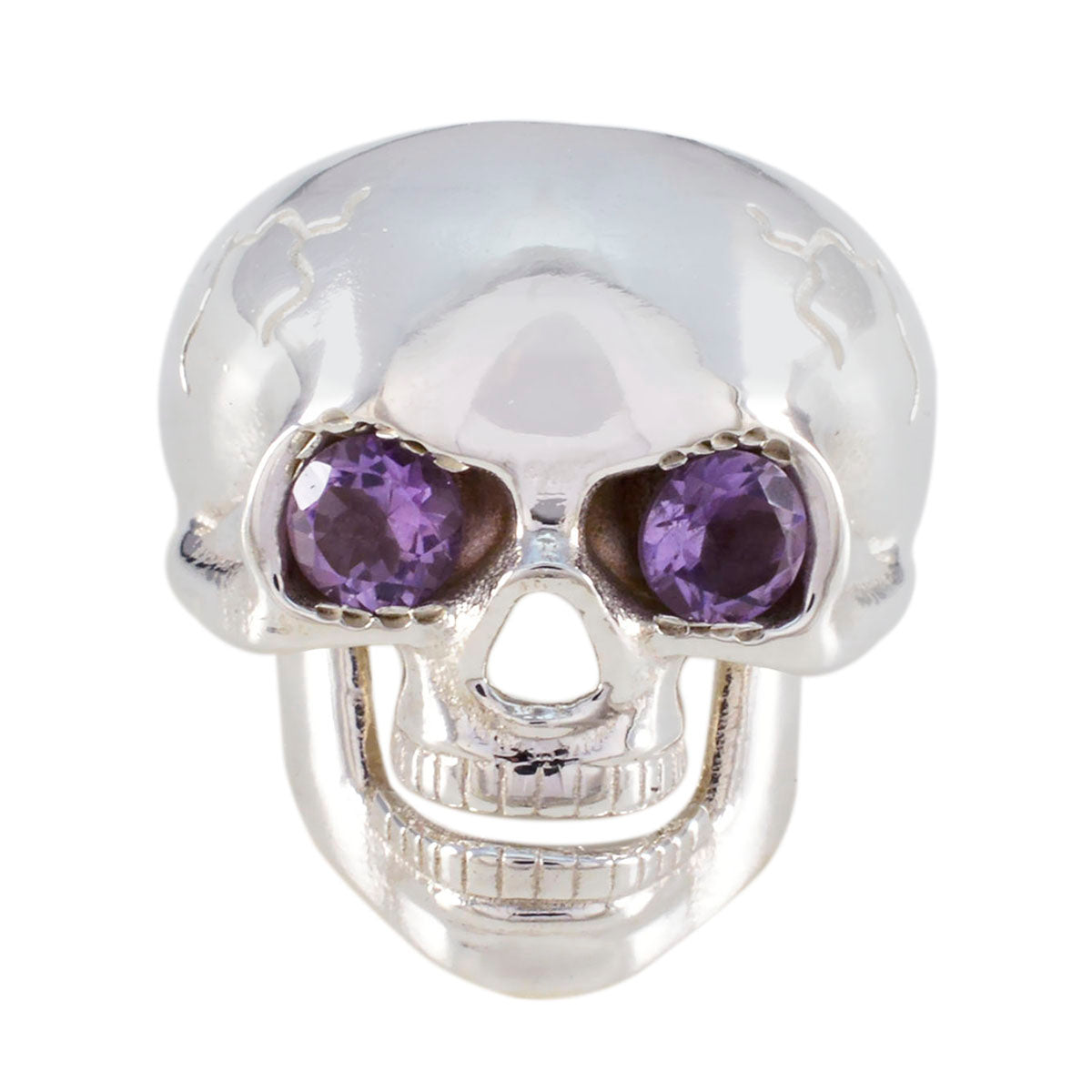 Isadora silver skull ring with purple gemstone skull ring eyes set in detailed design
