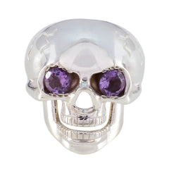 Isadora silver skull ring with purple gemstone skull ring eyes set in detailed design