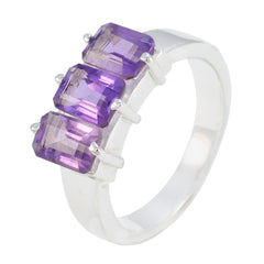 Nisa purple gemstone trilogy ring featuring three rectangular purple gemstones set in a silver band