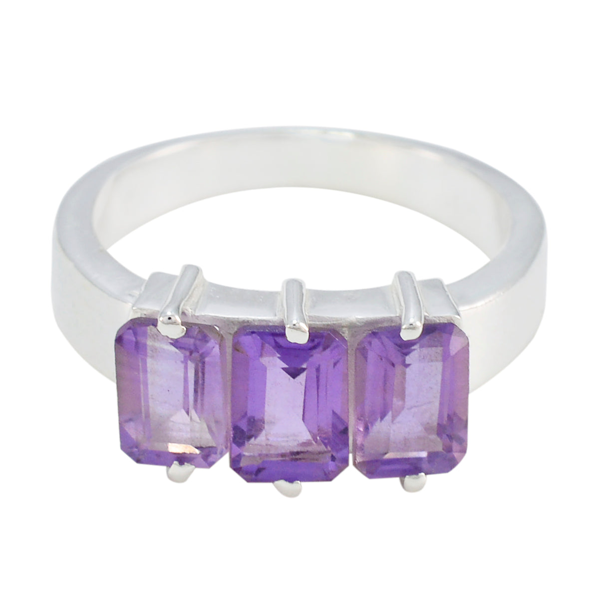 Nisa silver ring featuring a purple gemstone trilogy ring design with three rectangular purple stones