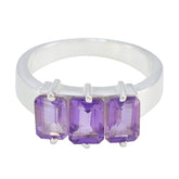 Nisa silver ring featuring a purple gemstone trilogy ring design with three rectangular purple stones