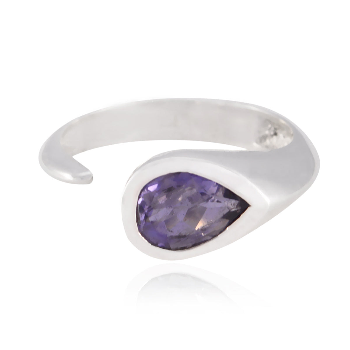 Sofia purple solitaire ring with teardrop shaped purple gemstone set in silver band