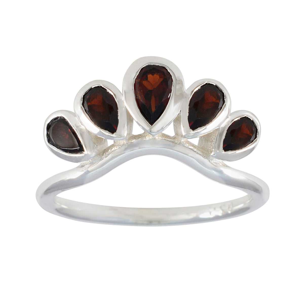 Evelyn romantic red gemstone ring with five teardrop-shaped red gemstones set in silver band