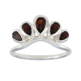 Evelyn romantic red gemstone ring with five teardrop-shaped red gemstones set in silver band
