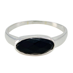 Stella silver band black solitaire ring for women with oval faceted onyx center stone