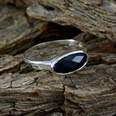 Stella black solitaire ring for women with faceted marquise black stone in sterling silver band