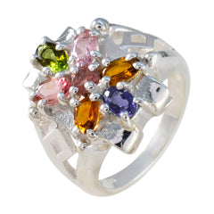 Leah silver multicolor gemstone ring featuring clustered green pink orange and purple gemstones in floral design