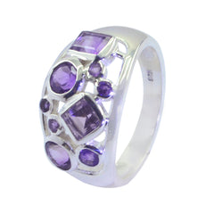 Rosa contemporary purple gemstone ring in sterling silver with multiple round and square purple stones
