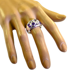 Rosa contemporary purple gemstone ring on mannequin hand silver band with multiple amethyst stones