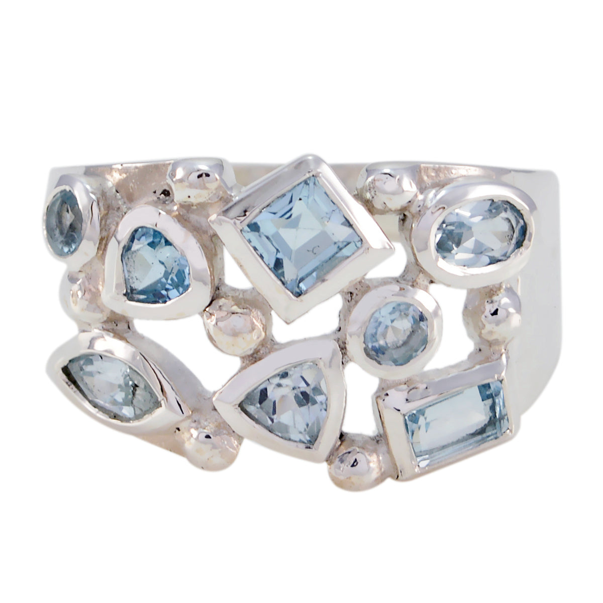 Meera silver ring with multiple light blue stones in assorted cuts trendy blue gemstone ring