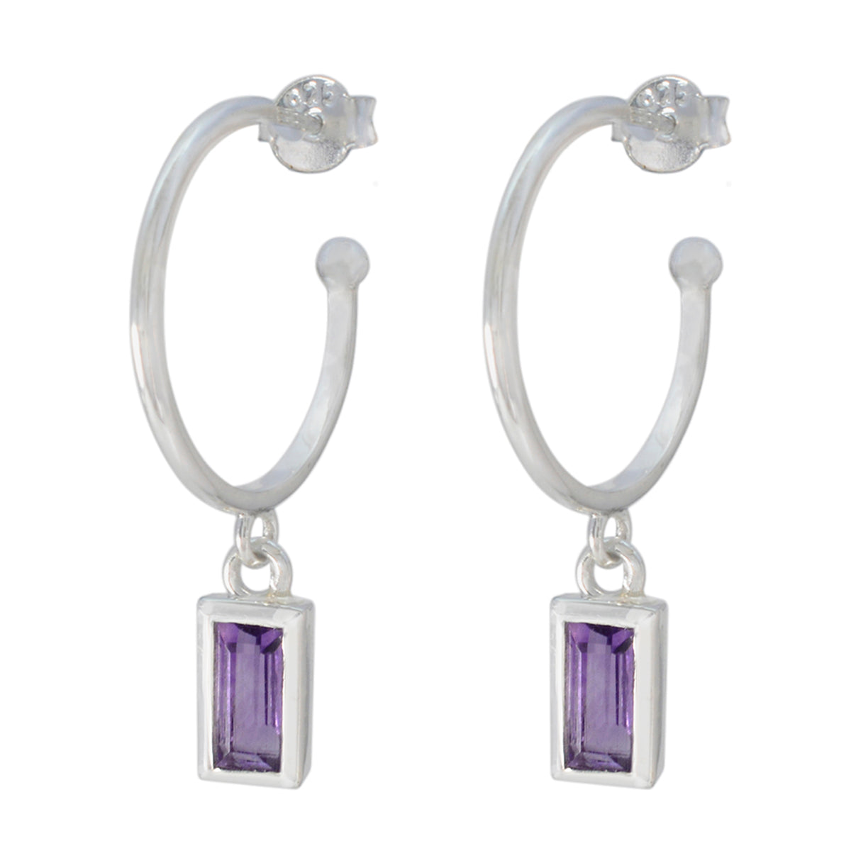 Slim Designer Earrings India - Stylish Silver Hoops Amethyst Purple Dangle