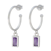 Slim Designer Earrings India - Stylish Silver Hoops Amethyst Purple Dangle