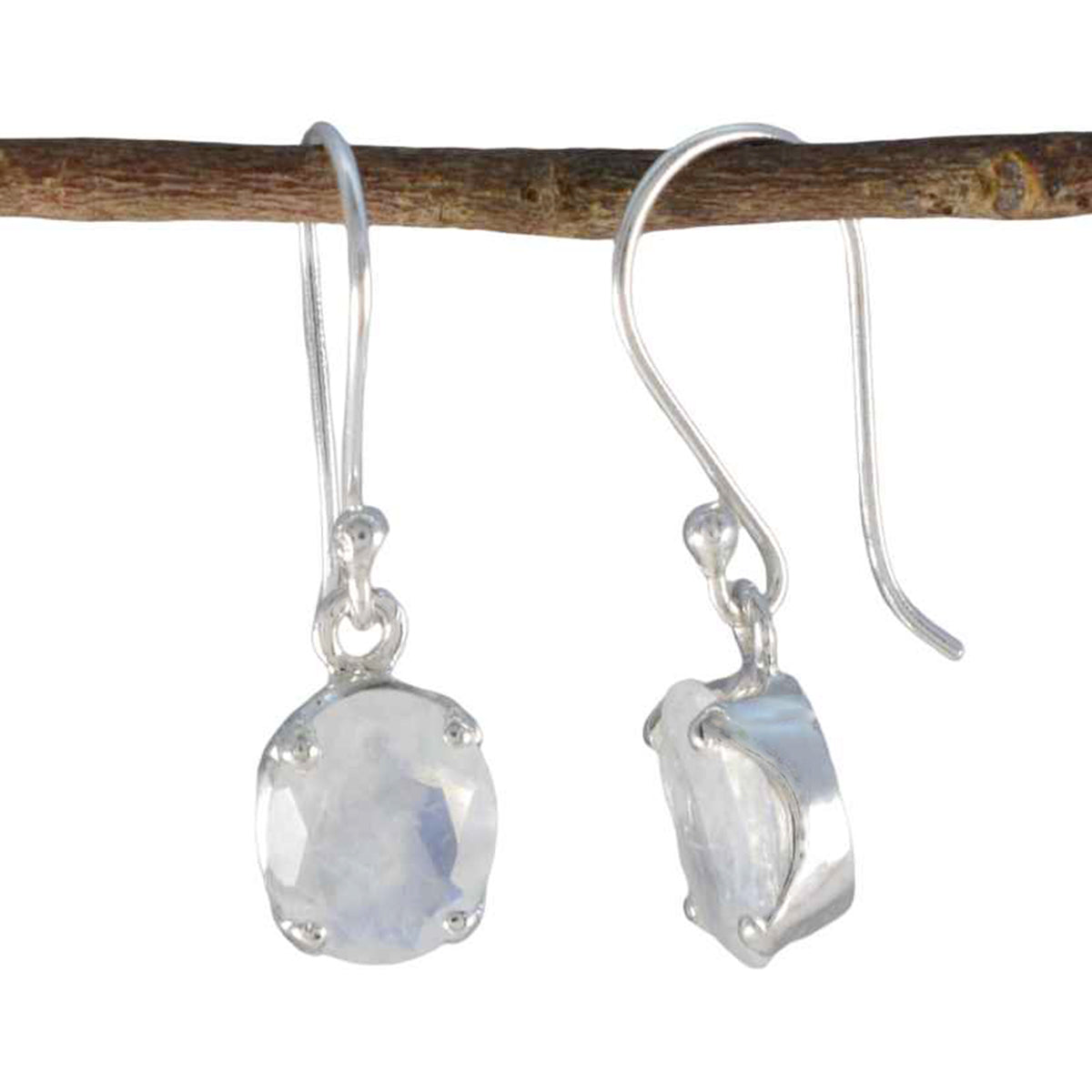 Anna Solitaire Dangle Earrings with Moonstone Charm Rainbow Moonstone White Dangle