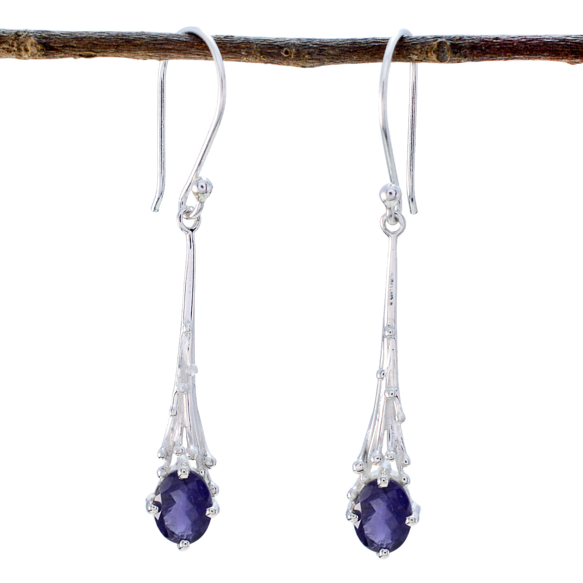 Ellie Solitaire Dangle Earrings with Purple Gemstone Iolite Blue Dangle