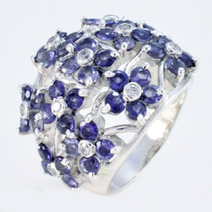 Ivana blue floral gemstone ring sterling silver cluster design with purple blue flower stones and clear accents