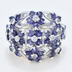 Ivana blue floral gemstone ring sterling silver wide band with multiple blue flower clusters and diamond centers