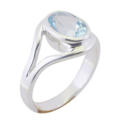 Nari silver ring with bezel set oval aquamarine gemstone modern split shank blue solitaire ring for women