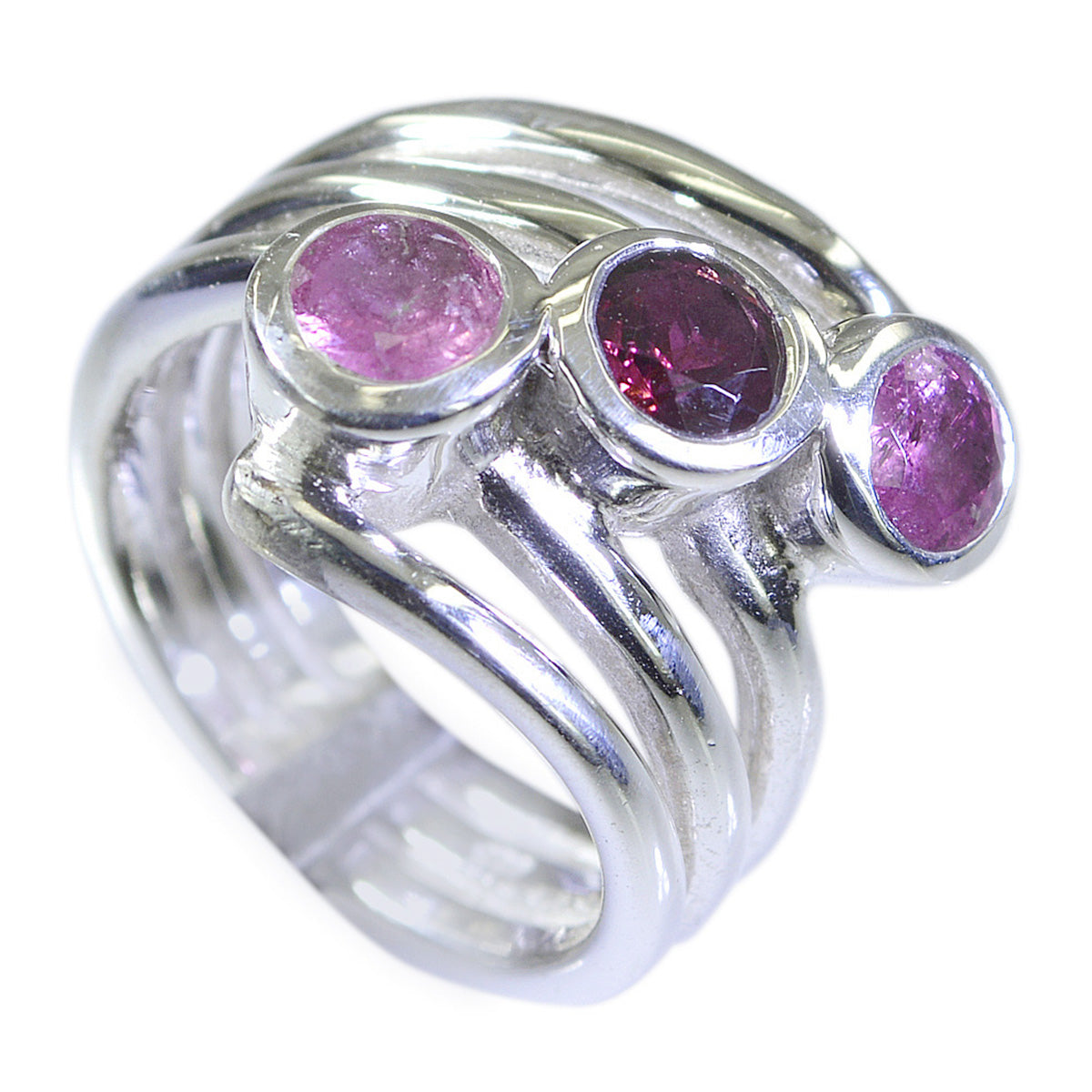 Angel sterling silver modern multicolor gemstone trilogy ring with three bezel set pink and purple stones