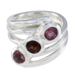 Angel sterling silver modern multicolor gemstone trilogy ring with three round pink purple and garnet stones