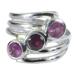 Angel sterling silver modern multicolor gemstone trilogy ring with three bezel set pink gemstones and layered bands