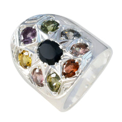 Navratna gemstone ring by Liyana sterling silver ring with central black onyx and nine multicolor stones