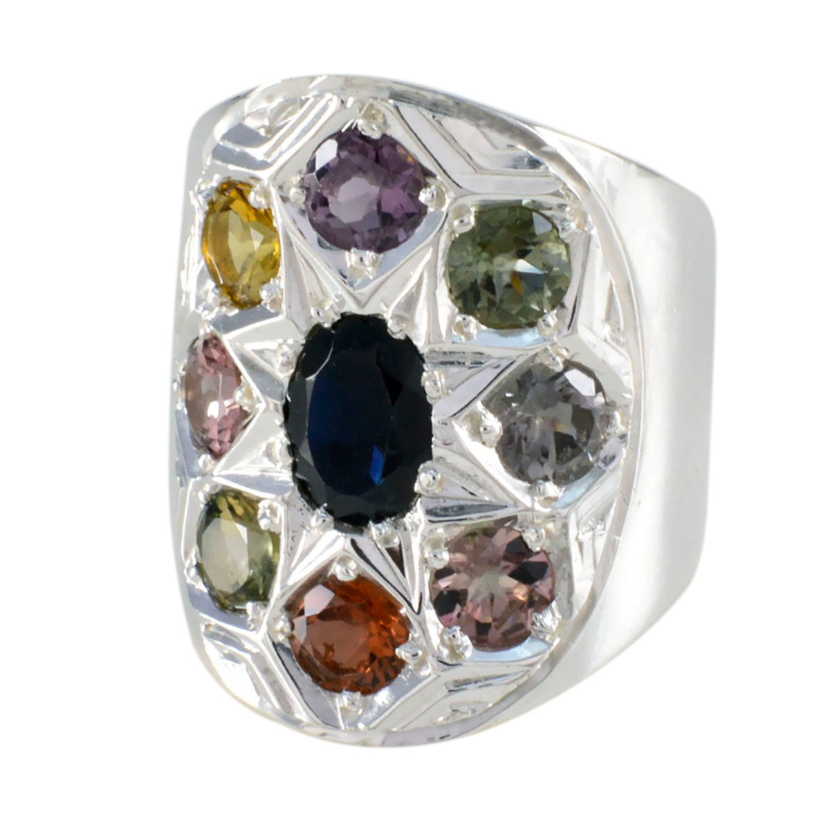 Liyana Navratna gemstone ring sterling silver statement ring with central dark blue sapphire and eight multicolored gems