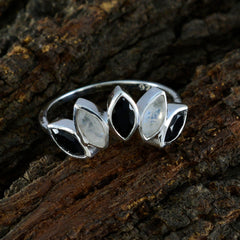 Hua sterling silver ring with marquise black onyx and moonstone gems arranged like a crown multicolor statement crown ring