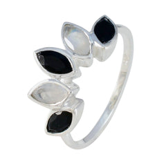 Hua silver ring with alternating black and moonstone marquise gems on a delicate band multicolor statement crown ring