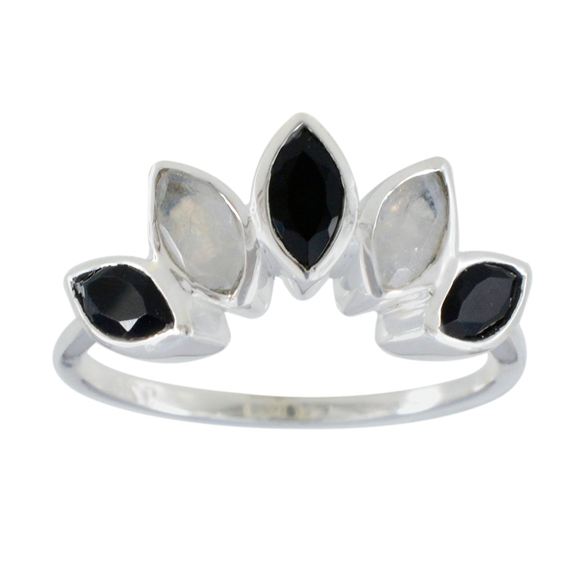 Hua multicolor statement crown ring sterling silver with marquise black and moonstone gems