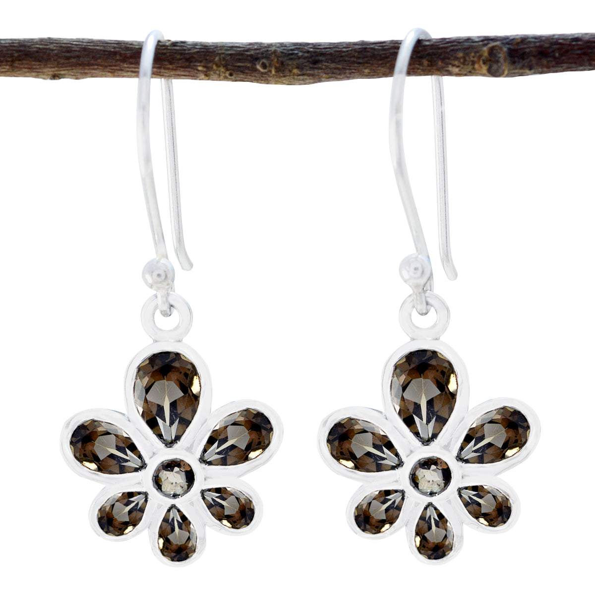 Min-seo Thin Multiple Earrings with Flower Design Smoky Quartz Brown Dangle