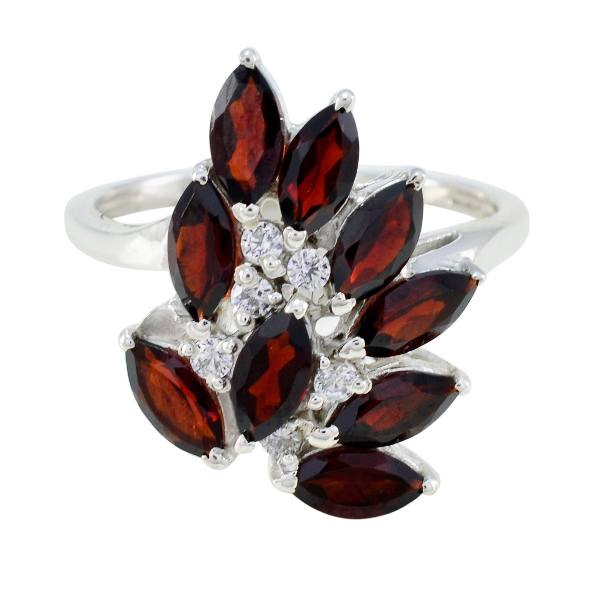 Aurora trendy red gemstone ring with marquise red stones and small clear crystals in silver setting