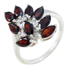 Aurora trendy red gemstone ring with marquise red stones and clear accent crystals in silver setting