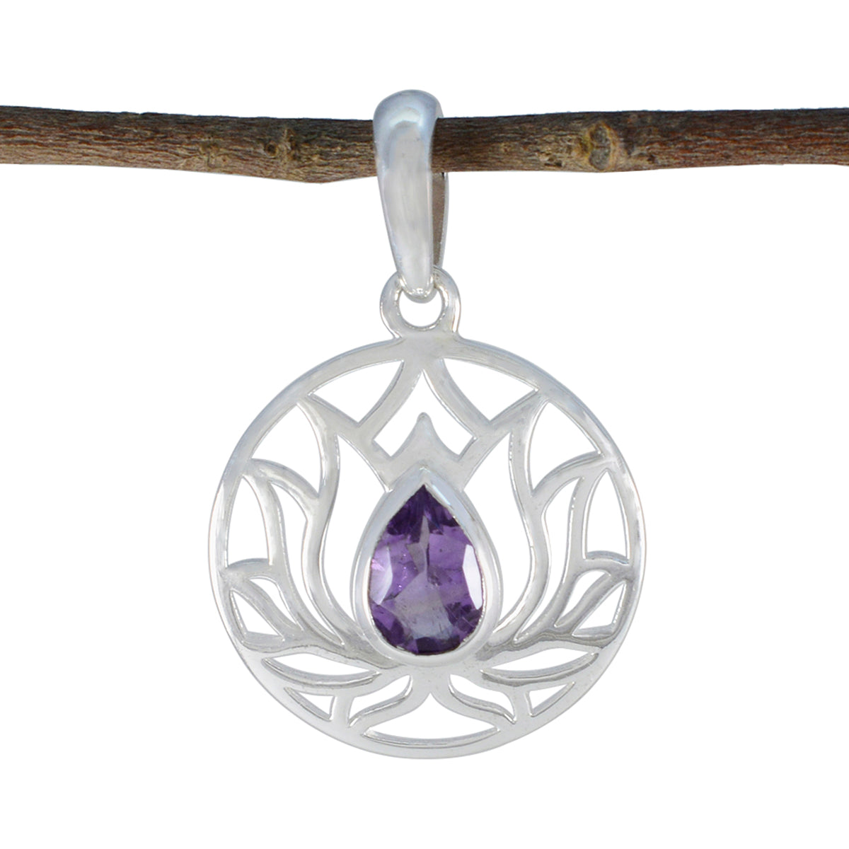Autumn Unique Gemstone Pendant - Elegant Lotus Design Amethyst Purple Purple