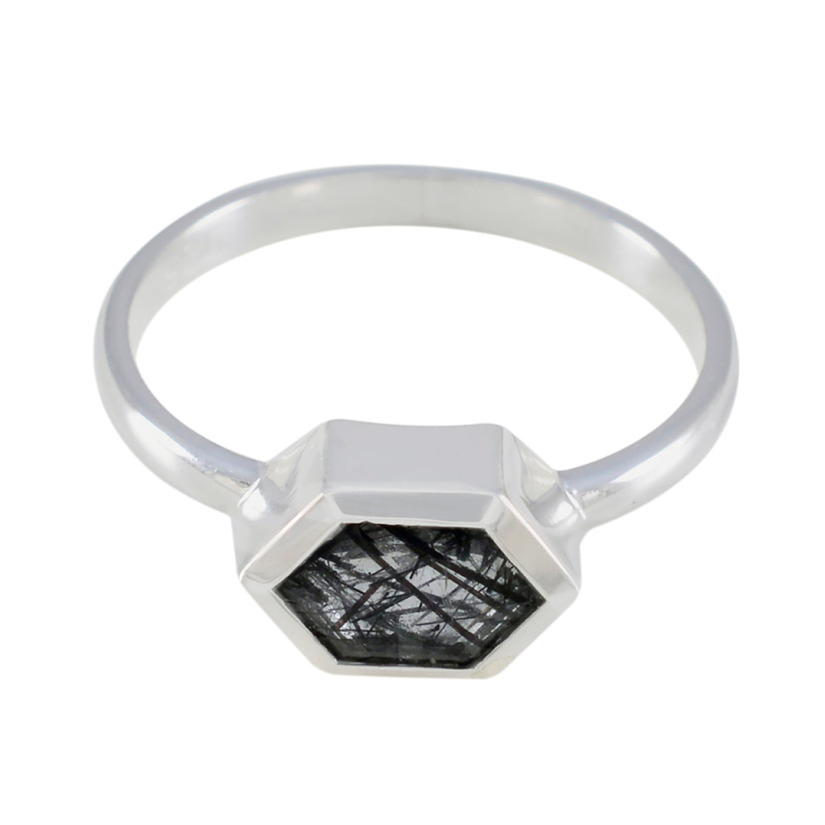 Zazlle Unique Gift Ring with Hexagon Rutilated Quartz Rutile Quartz Black