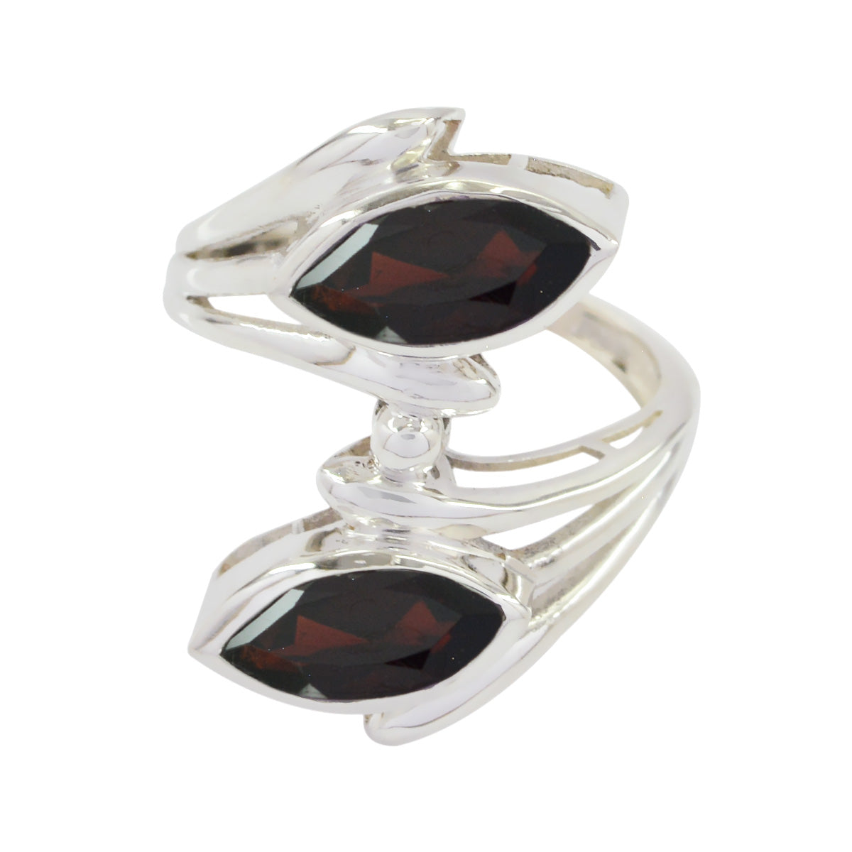 Emma contemporary red gemstone ring with marquise-shaped red stones and silver band design